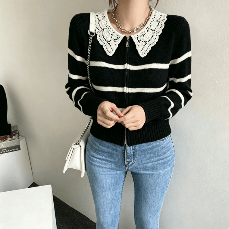 실사 한국 chic 보 주님 폭발 스트라이프 니트 오픈 가디건 레이스 폴로 칼라 지퍼 재킷 상세 이미지 1
