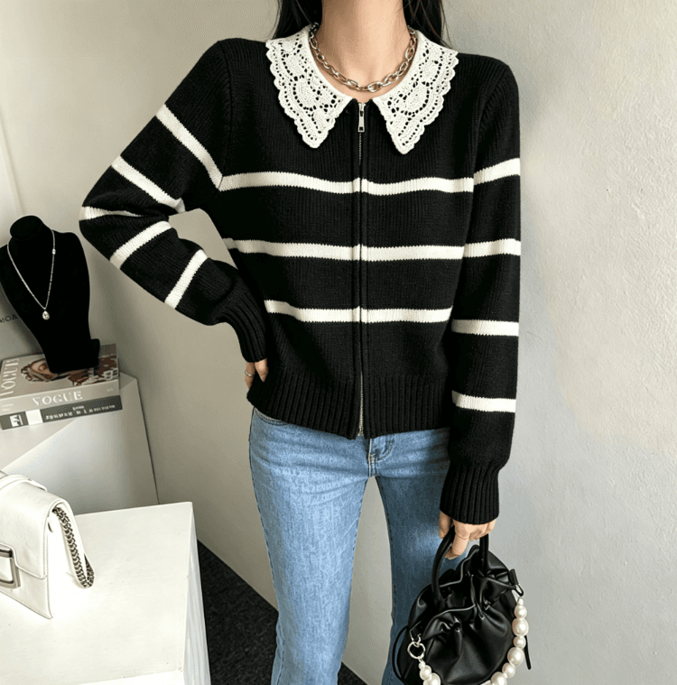 실사 한국 chic 보 주님 폭발 스트라이프 니트 오픈 가디건 레이스 폴로 칼라 지퍼 재킷 상세 이미지 2