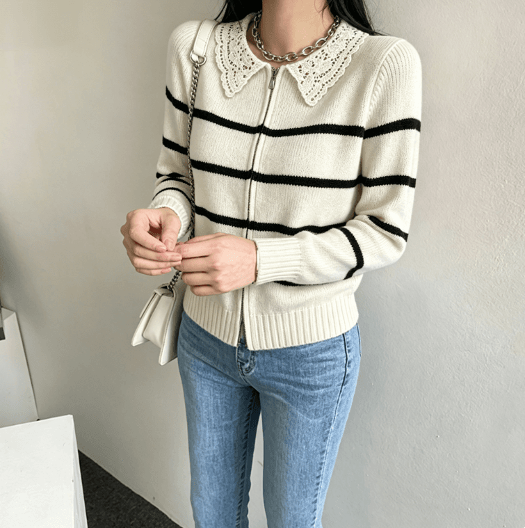 실사 한국 chic 보 주님 폭발 스트라이프 니트 오픈 가디건 레이스 폴로 칼라 지퍼 재킷 상세 이미지 6