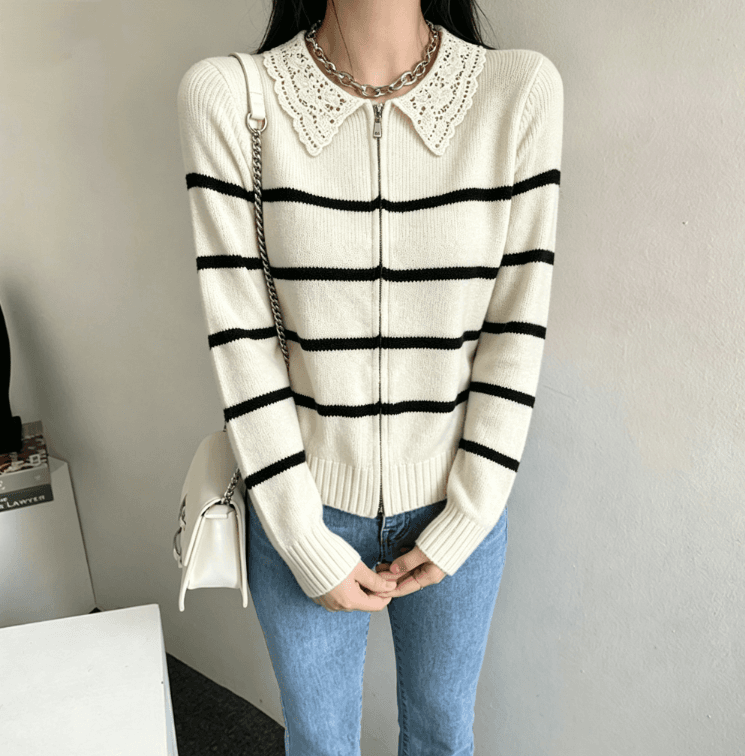 실사 한국 chic 보 주님 폭발 스트라이프 니트 오픈 가디건 레이스 폴로 칼라 지퍼 재킷 상세 이미지 8