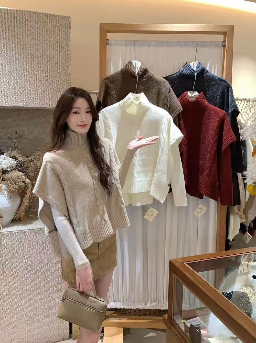 2026 보 주님 추천 세련된 터틀넥 꽈배기 숄 베스트 긴팔 기본 셔츠 세트 여성 의류 투피스 세트 상세 이미지 2