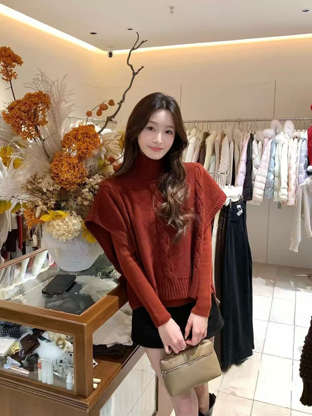 2026 보 주님 추천 세련된 터틀넥 꽈배기 숄 베스트 긴팔 기본 셔츠 세트 여성 의류 투피스 세트 상세 이미지 6