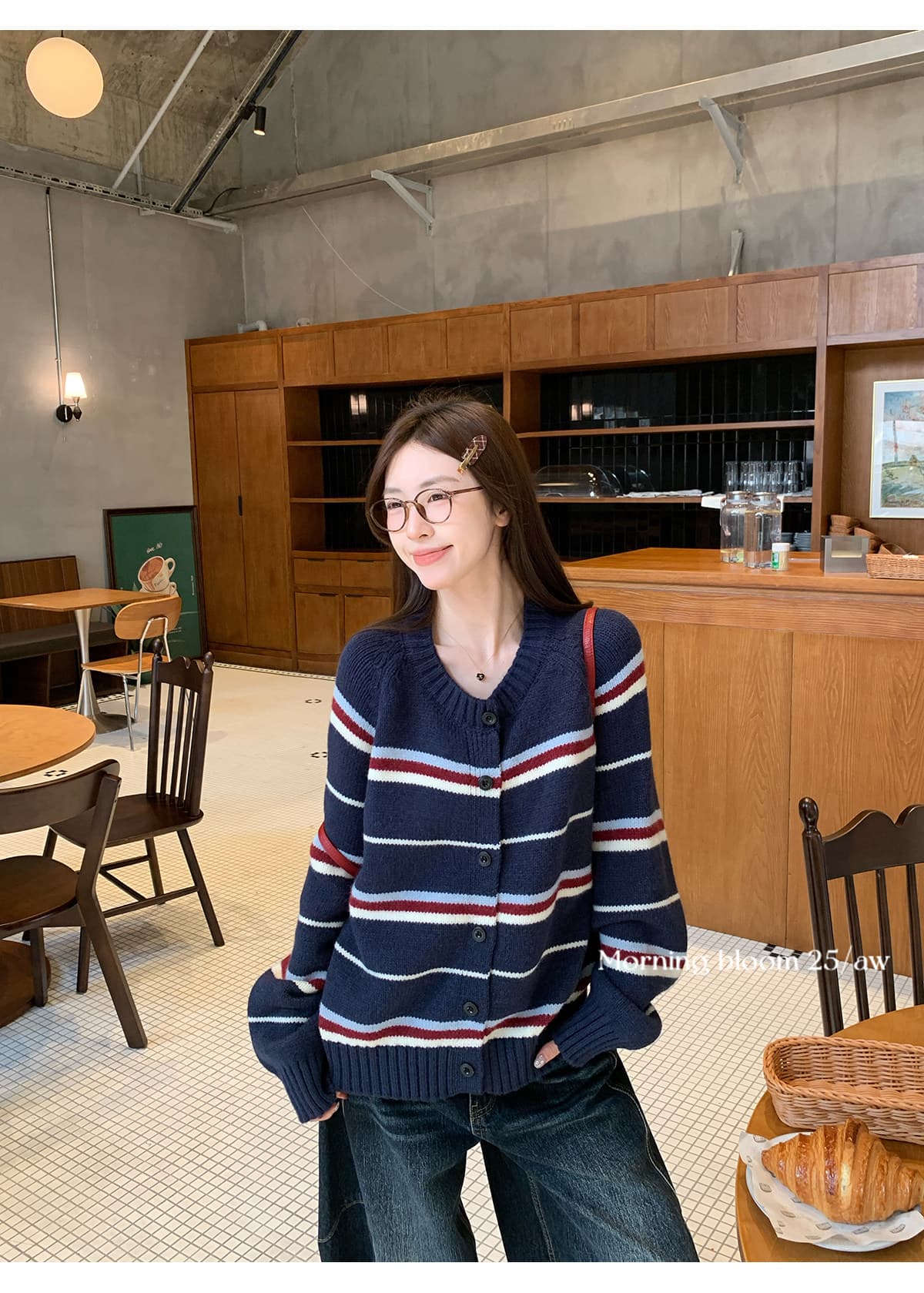 가을 겨울 새로운 한국 스타일 캐주얼 다용도 루즈핏 라운드 넥 배색 스트라이프 니트 오픈 가디건 스웨터 여성 코트 상세 이미지 5