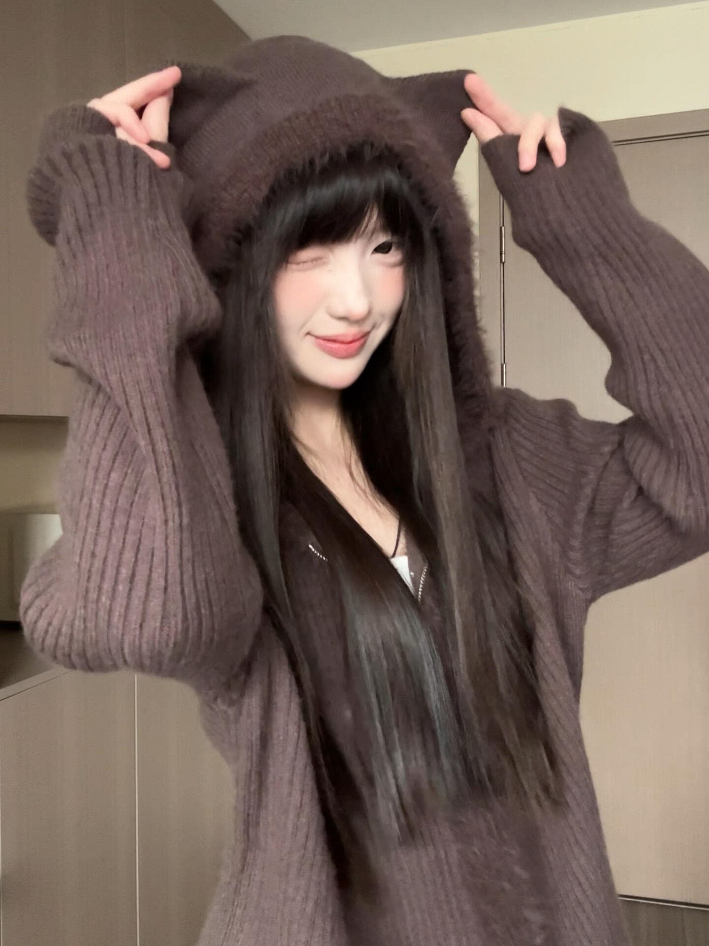 작은 곰 귀 후드 니트 오픈 가디건 스웨터 여자 새로운 2026 가을 겨울 착용 가져 가라. 그레이트 봐 외투 상세 이미지 1