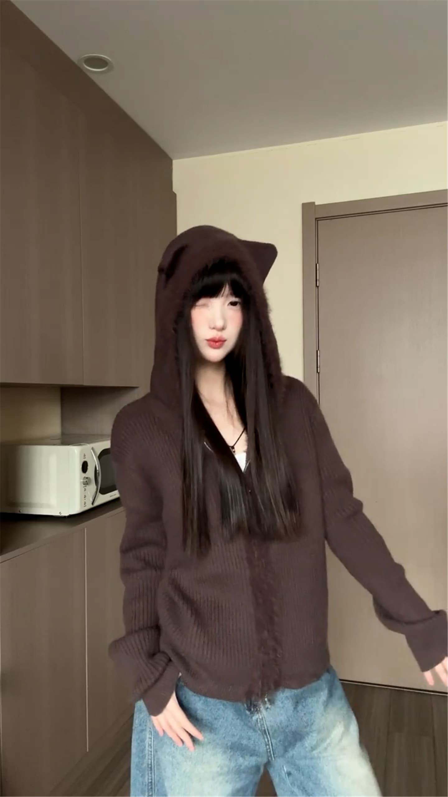 작은 곰 귀 후드 니트 오픈 가디건 스웨터 여자 새로운 2026 가을 겨울 착용 가져 가라. 그레이트 봐 외투 상세 이미지 3