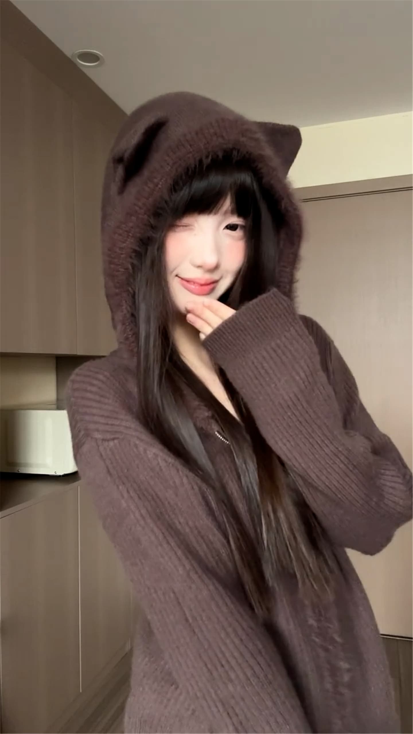 작은 곰 귀 후드 니트 오픈 가디건 스웨터 여자 새로운 2026 가을 겨울 착용 가져 가라. 그레이트 봐 외투 상세 이미지 5