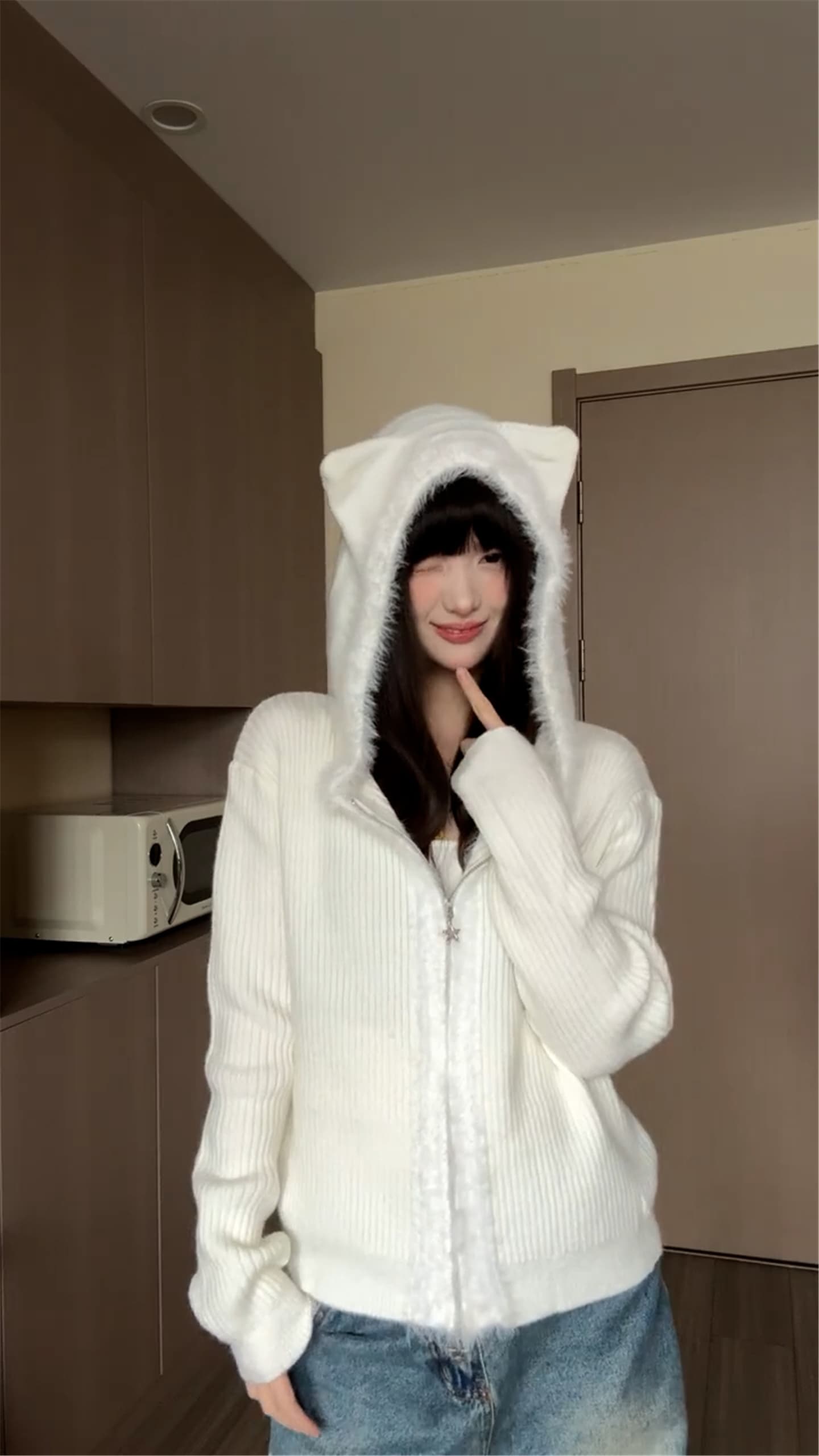 작은 곰 귀 후드 니트 오픈 가디건 스웨터 여자 새로운 2026 가을 겨울 착용 가져 가라. 그레이트 봐 외투 상세 이미지 7
