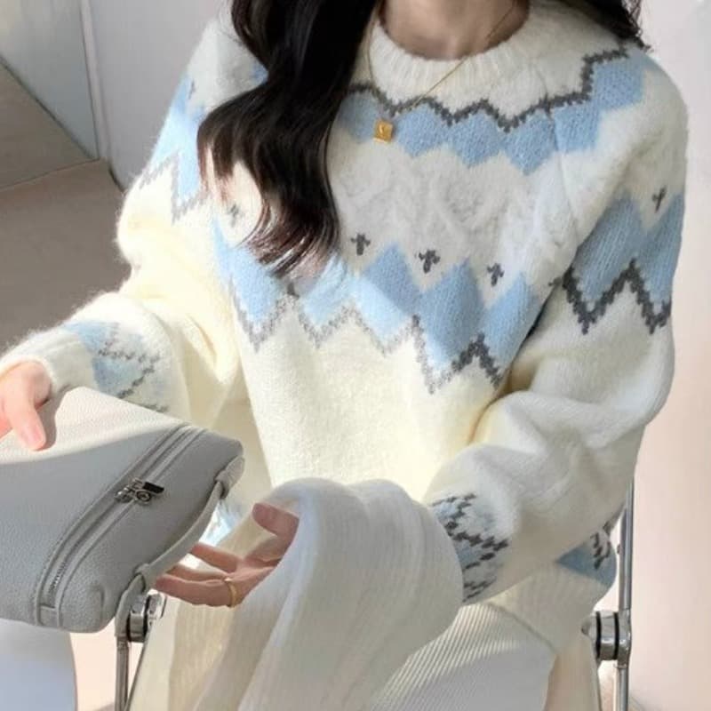 레트로 외국 가스 관람차 꽈배기 양모 자카드 배색 부드러운 찹쌀 라운드 넥 두꺼운 보온 스웨터