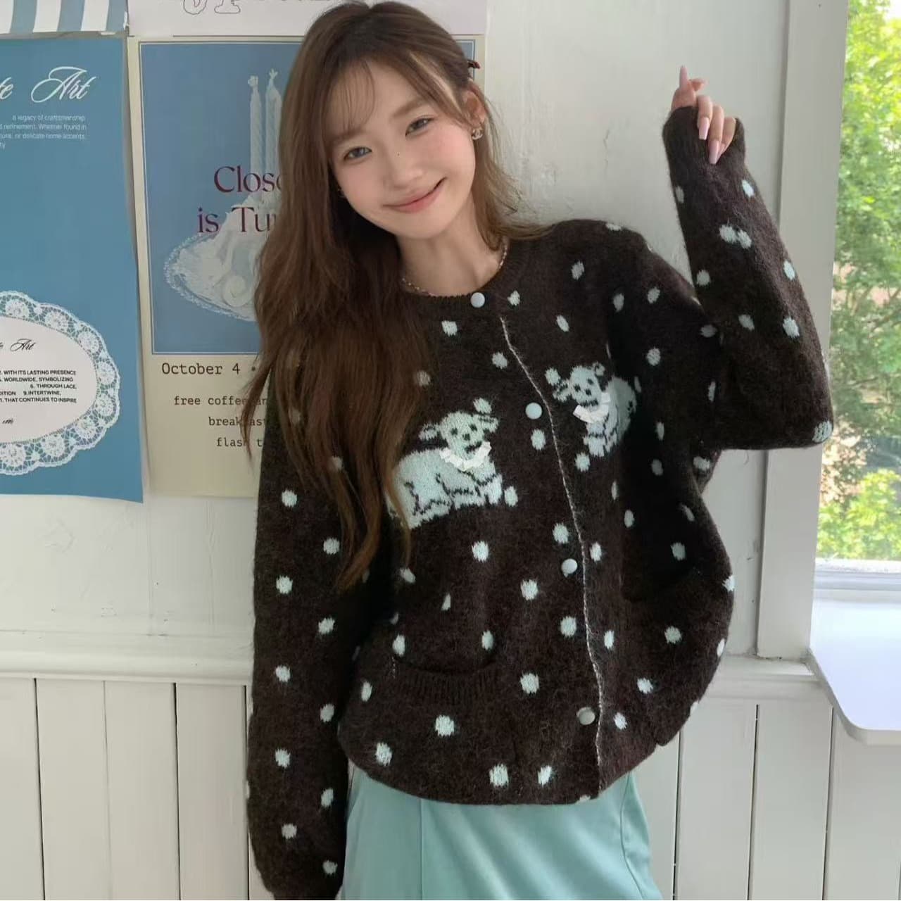 한 부서 루즈핏 도트 무늬 스웨터 여자 가을 겨울 부드러운 찹쌀 만화 연령 감소 라운드 넥 니트 오픈 가디건 캐주얼 느긋한 바람 맨위 이미지 3