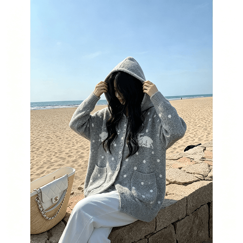 한 부서 어린 양 도트 무늬 후드 니트 오픈 가디건 여성 가을 겨울 와이드 부드러운 찹쌀 느긋한 바람 주머니 스웨터 코트 상세 이미지 1