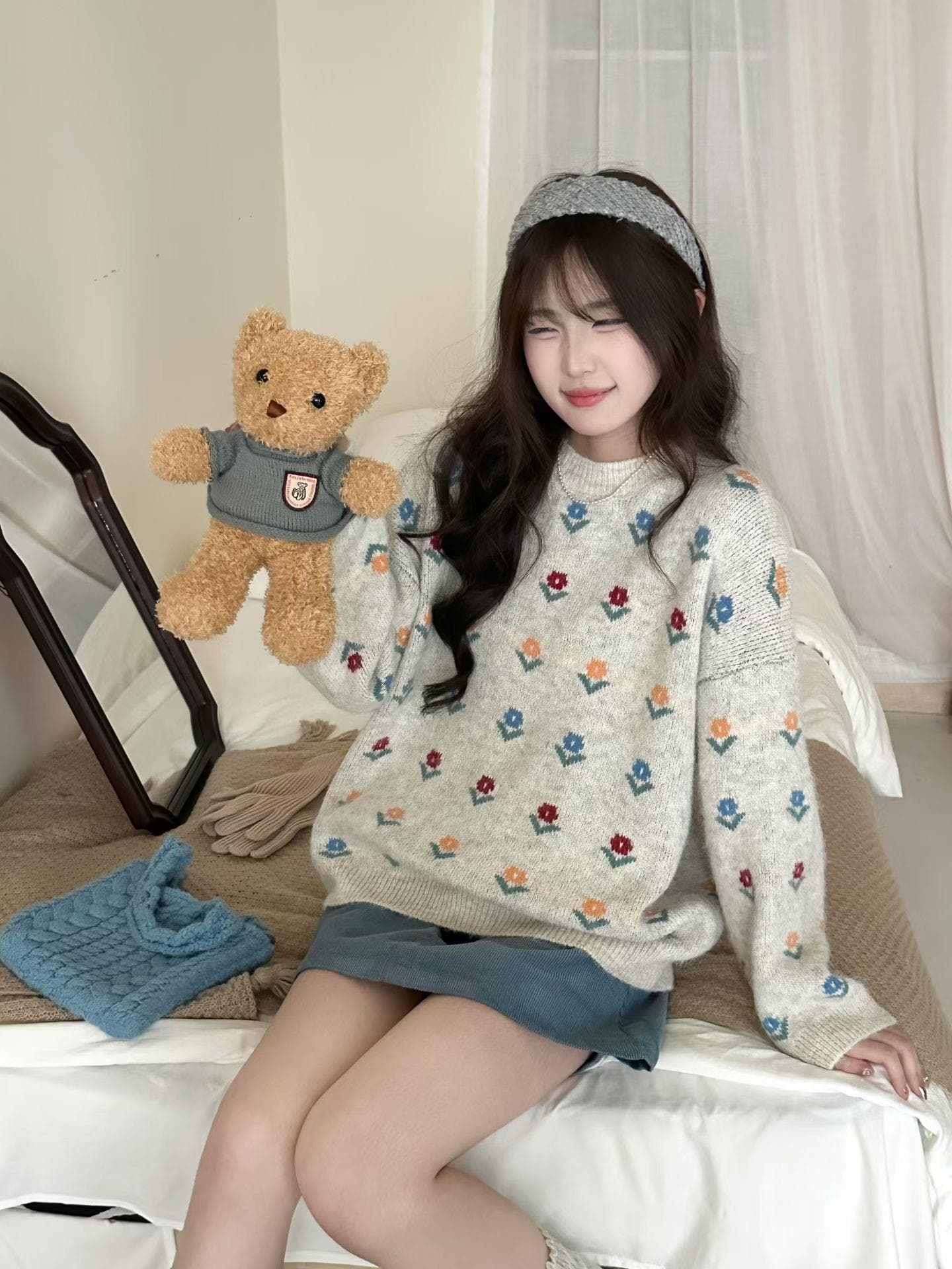 신선함 자카드 라운드 넥 풀오버 스웨터 여자 가을 겨울 와이드 부드러운 찹쌀 달콤함 꽃 니트 스웨터 맨위 상세 이미지 5