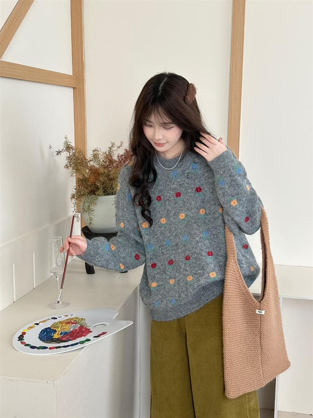 신선함 자카드 라운드 넥 풀오버 스웨터 여자 가을 겨울 와이드 부드러운 찹쌀 달콤함 꽃 니트 스웨터 맨위 상세 이미지 12