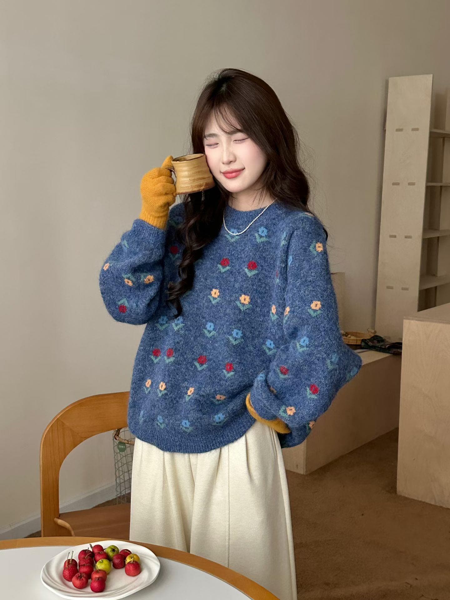 신선함 자카드 라운드 넥 풀오버 스웨터 여자 가을 겨울 와이드 부드러운 찹쌀 달콤함 꽃 니트 스웨터 맨위 상세 이미지 19
