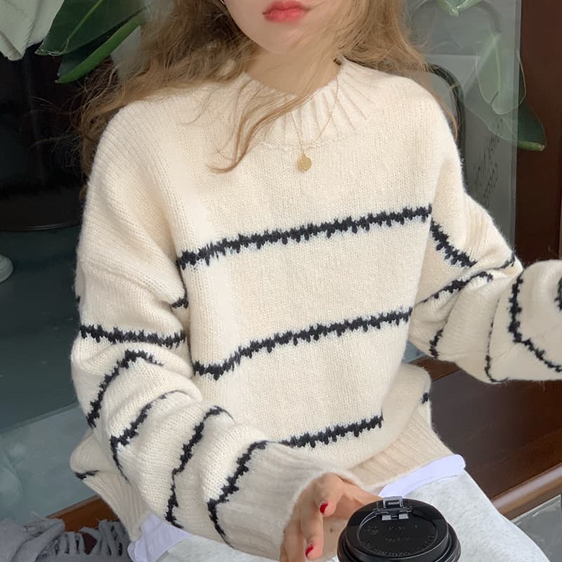 레트로 일본식 느긋한 루즈핏 스웨터 여자 두꺼운 가을 겨울 2026 새로운 긴팔 스트라이프 반하이넥 니트 스웨터 상세 이미지 18