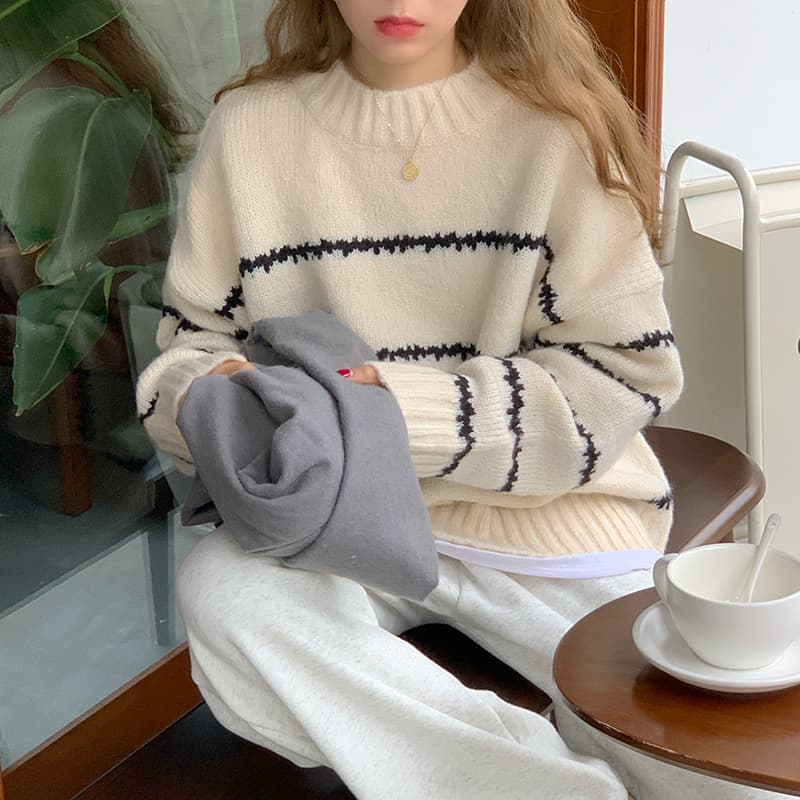 레트로 일본식 느긋한 루즈핏 스웨터 여자 두꺼운 가을 겨울 2026 새로운 긴팔 스트라이프 반하이넥 니트 스웨터 상세 이미지 25
