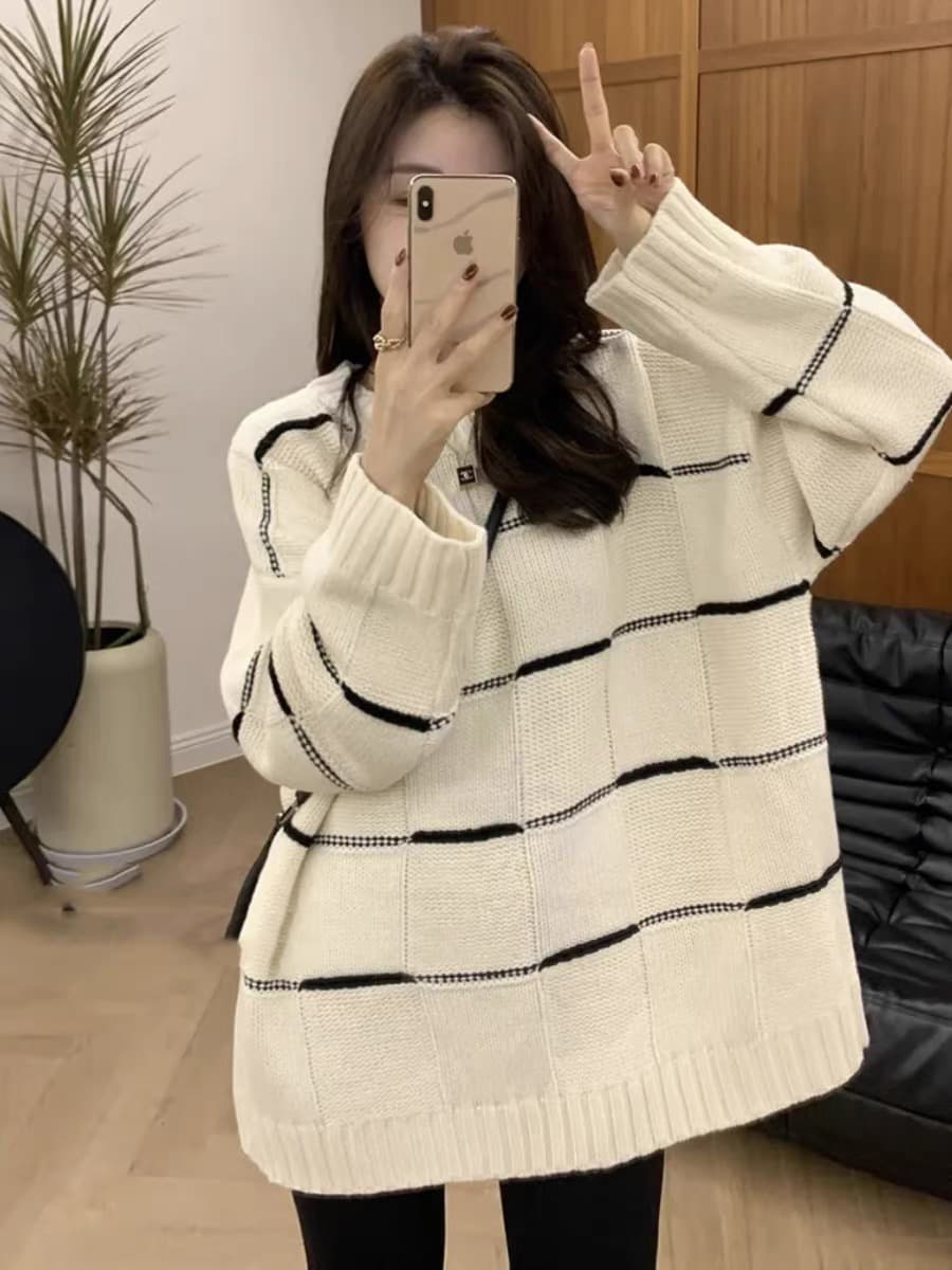 가을 겨울 의류 느긋한 바람 스트라이프 패치워크 색상 부드러운 찹쌀 긴팔 니트 스웨터 여성 루즈핏 다용도 스웨터 상세 이미지 1