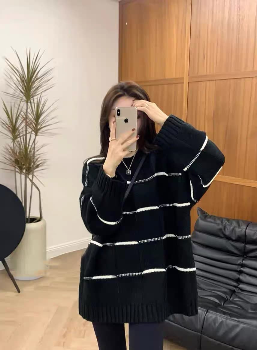 가을 겨울 의류 느긋한 바람 스트라이프 패치워크 색상 부드러운 찹쌀 긴팔 니트 스웨터 여성 루즈핏 다용도 스웨터 상세 이미지 3