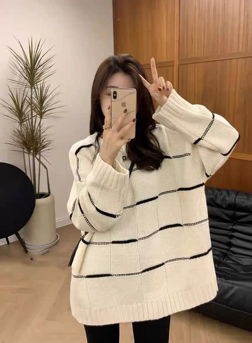 가을 겨울 의류 느긋한 바람 스트라이프 패치워크 색상 부드러운 찹쌀 긴팔 니트 스웨터 여성 루즈핏 다용도 스웨터 상세 이미지 4
