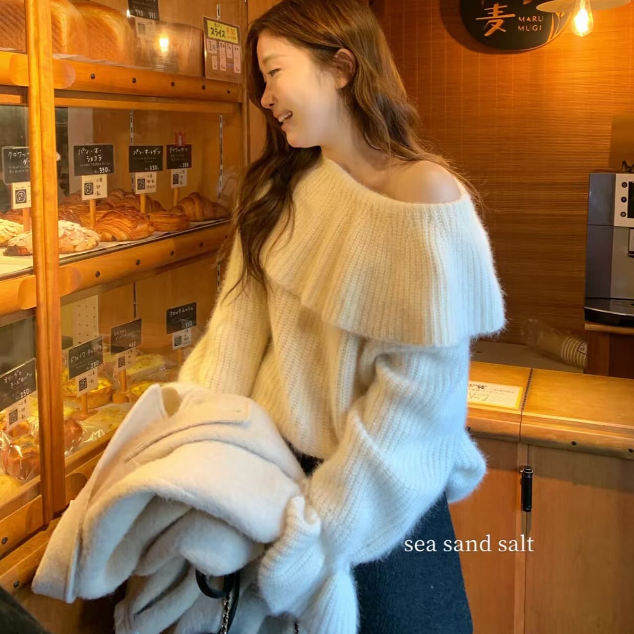 2026 진짜 hin 아름다움 hin 있음 질감 연례 회의 시리즈 프릴 비스듬한 어깨 스웨터