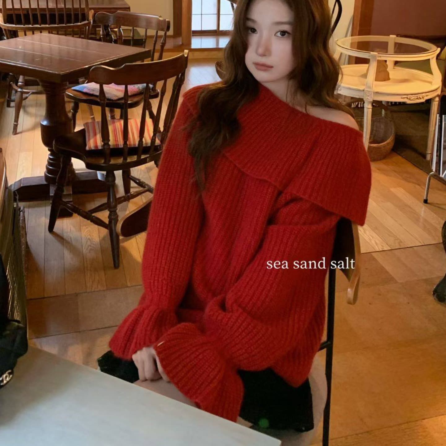 2026 진짜 hin 아름다움 hin 있음 질감 연례 회의 시리즈 프릴 비스듬한 어깨 스웨터 이미지 3