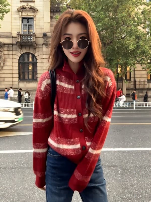 프랑스식 빨간색 스트라이프 터틀넥 니트 오픈 가디건 부드러운 찹쌀 폴로 칼라 스웨터 이미지 2