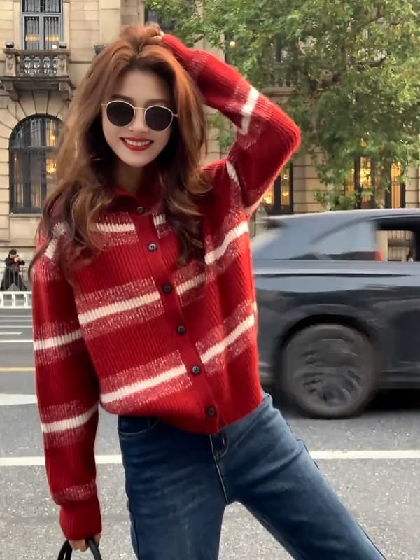 프랑스식 빨간색 스트라이프 터틀넥 니트 오픈 가디건 부드러운 찹쌀 폴로 칼라 스웨터 이미지 4
