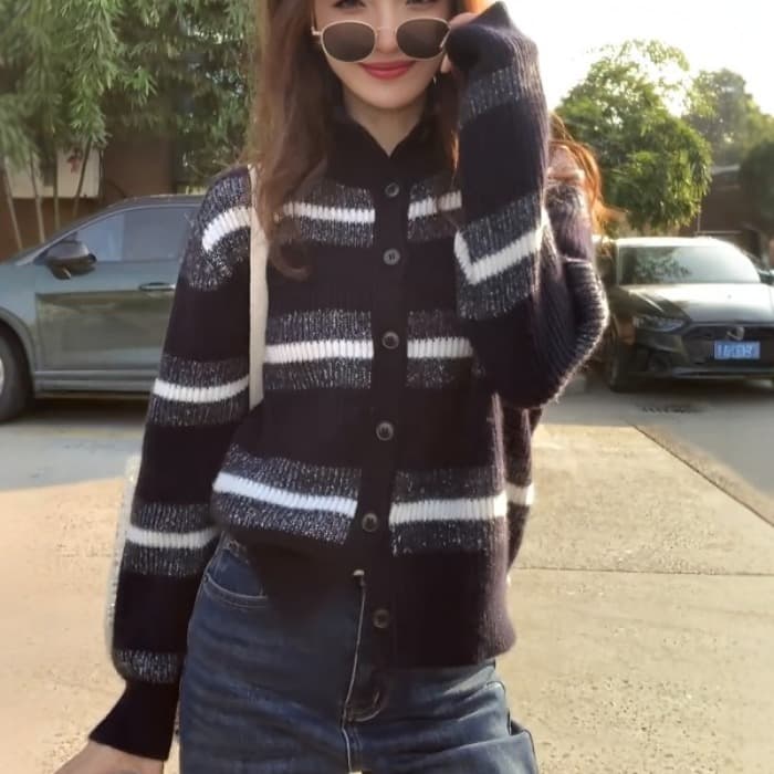 프랑스식 빨간색 스트라이프 터틀넥 니트 오픈 가디건 부드러운 찹쌀 폴로 칼라 스웨터 이미지 3