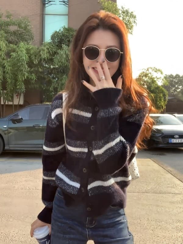 프랑스식 빨간색 스트라이프 터틀넥 니트 오픈 가디건 부드러운 찹쌀 폴로 칼라 스웨터 상세 이미지 3
