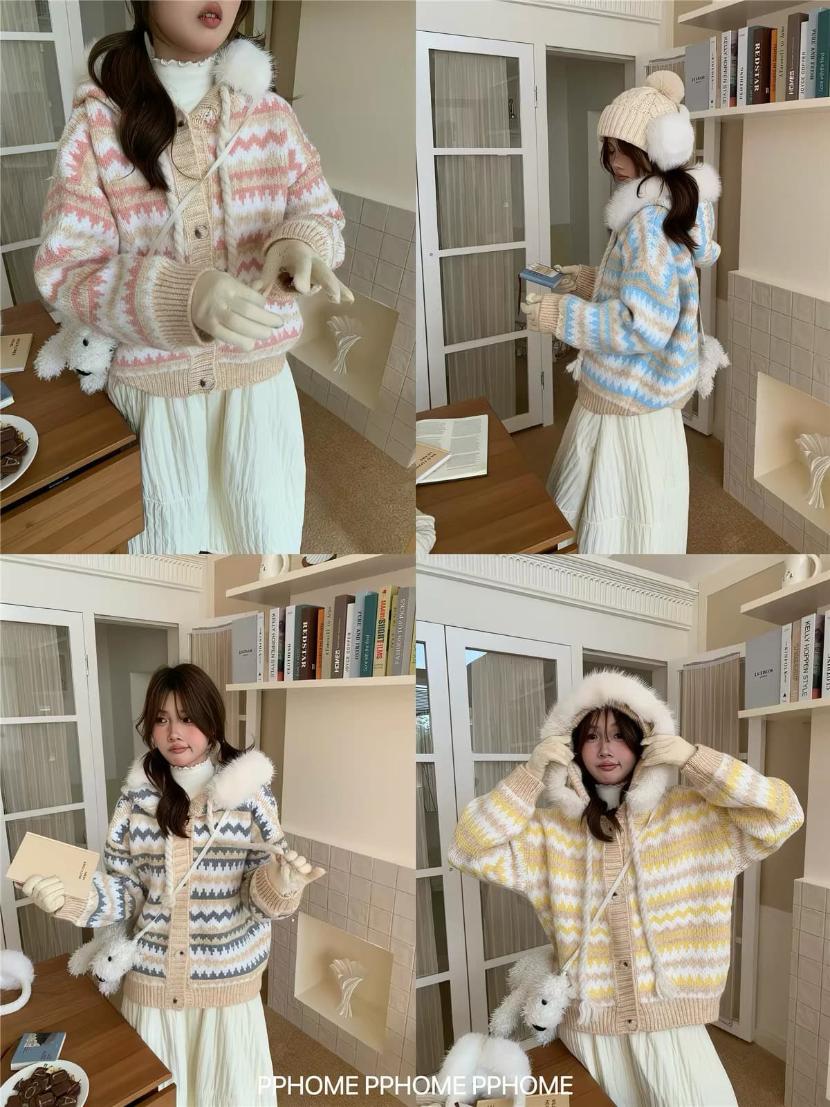 직접 만든 공정한 섬 の 아이스크림 모피 칼라 스웨터 코트 자이언트 두꺼운 패치워크 색상 후드 니트 오픈 가디건 이미지 4