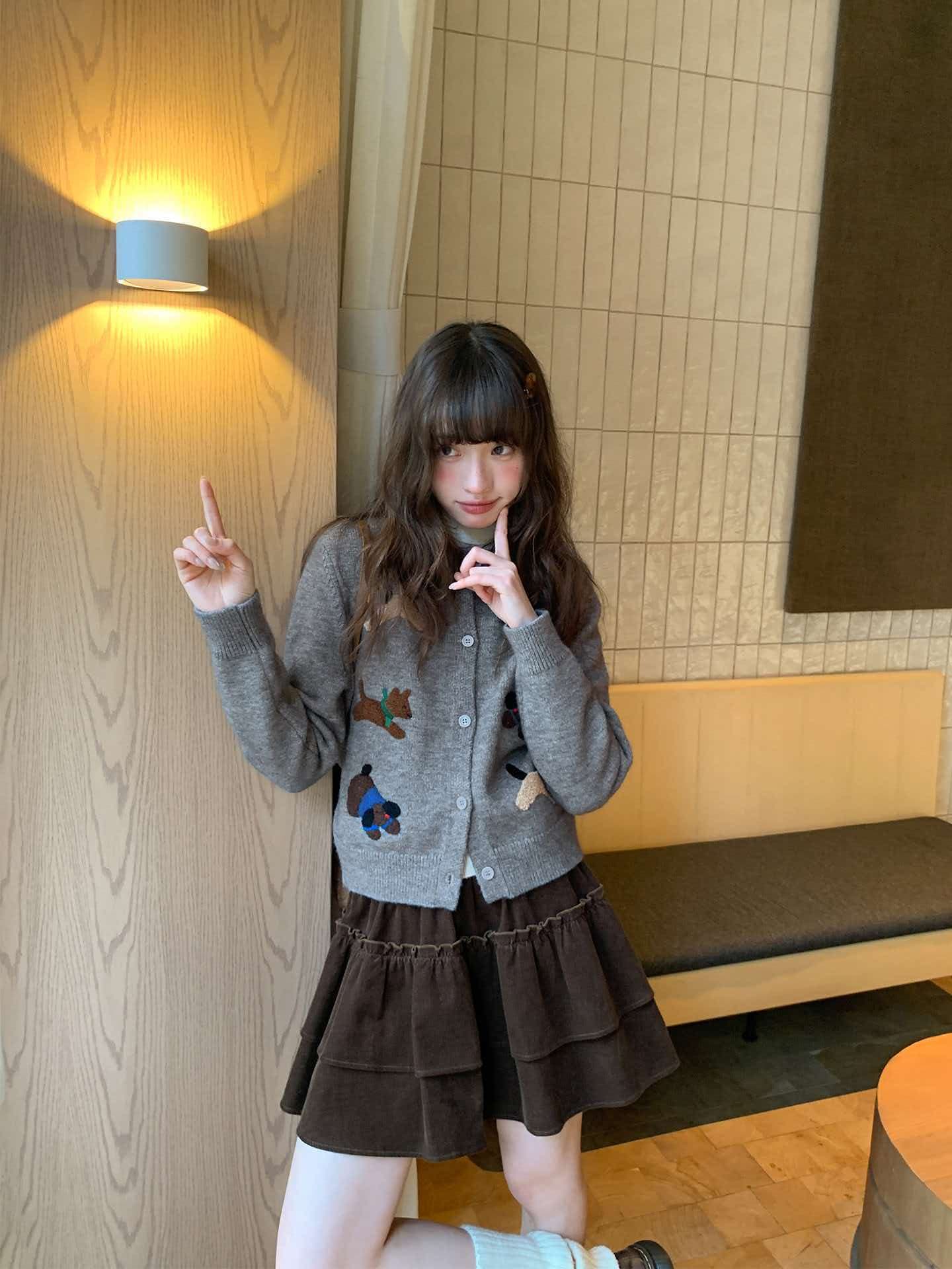 어린애 같은 강아지 수건 자수 니트 오픈 가디건 여성 가을 겨울 레트로 미니멀리즘 느슨함 센스 한 첨부 된 의류 상세 이미지 3