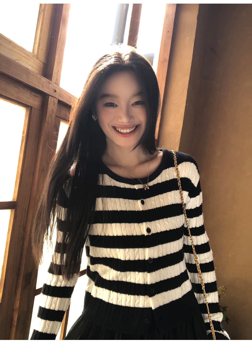 아메리칸 느슨함 레트로 스트라이프 꽈배기 니트 오픈 가디건 여성 인사이드 가져 가라. 외출용 느긋한 긴팔 맨위 상세 이미지 10
