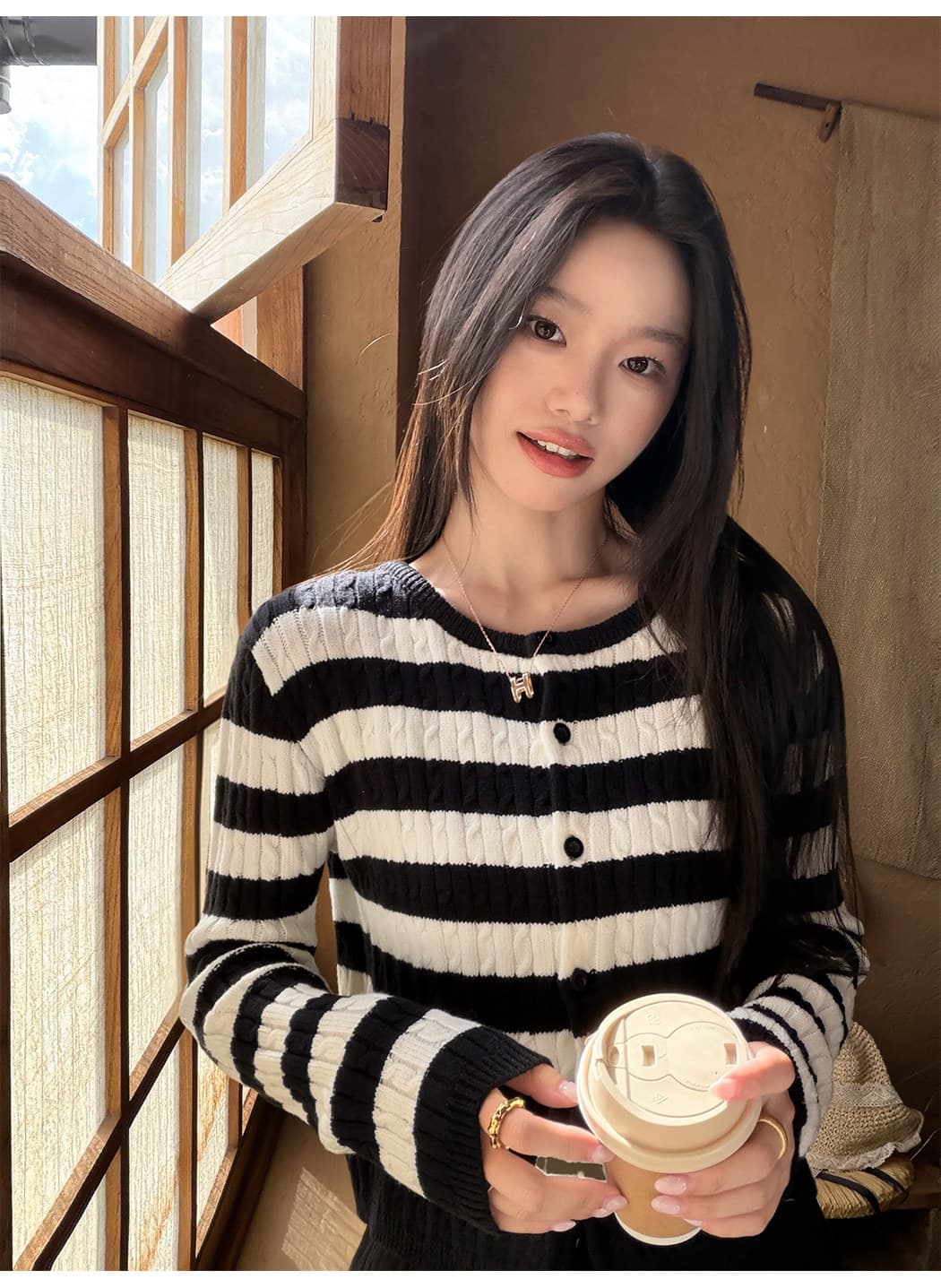 아메리칸 느슨함 레트로 스트라이프 꽈배기 니트 오픈 가디건 여성 인사이드 가져 가라. 외출용 느긋한 긴팔 맨위 상세 이미지 11