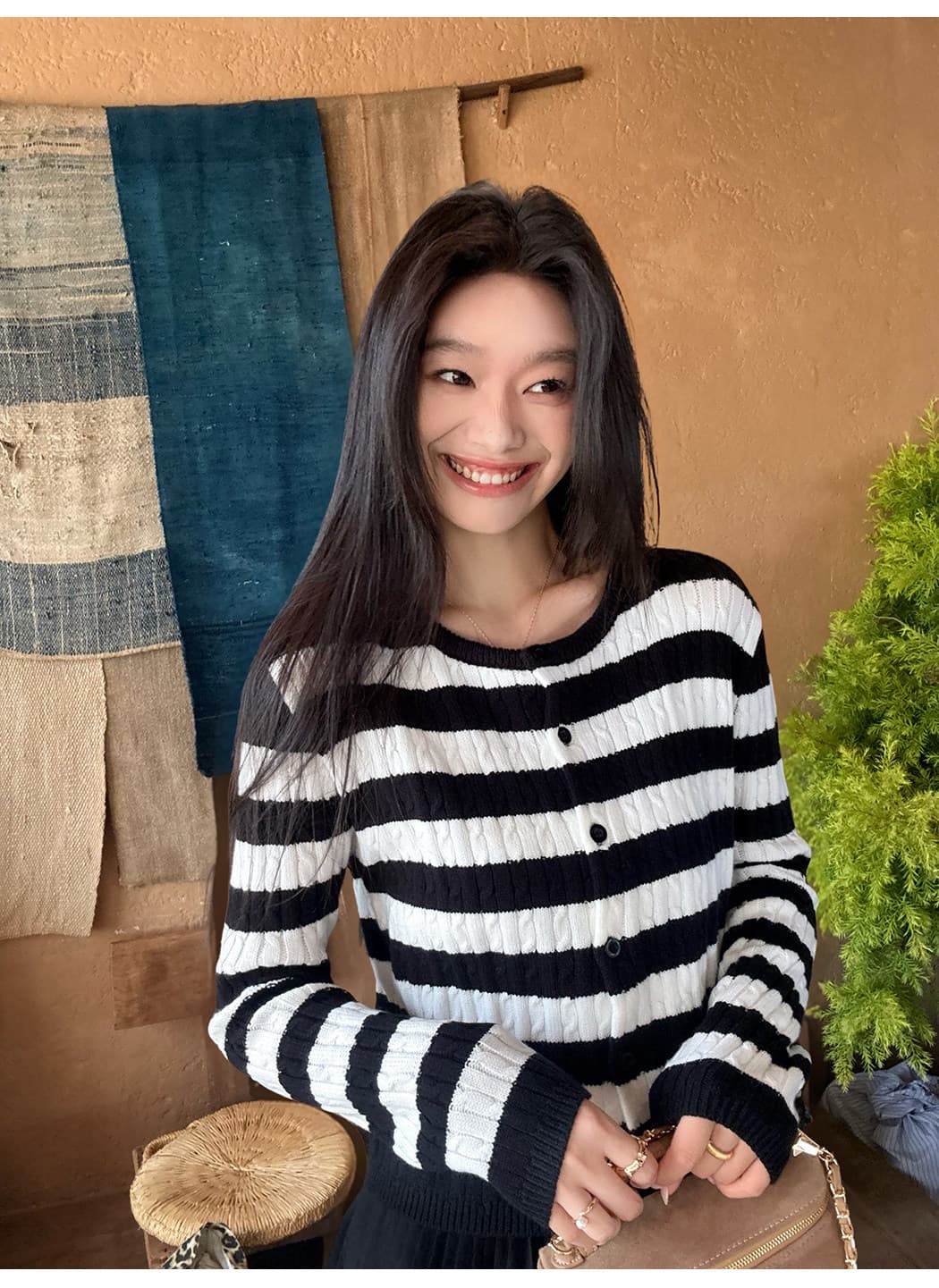 아메리칸 느슨함 레트로 스트라이프 꽈배기 니트 오픈 가디건 여성 인사이드 가져 가라. 외출용 느긋한 긴팔 맨위 상세 이미지 13