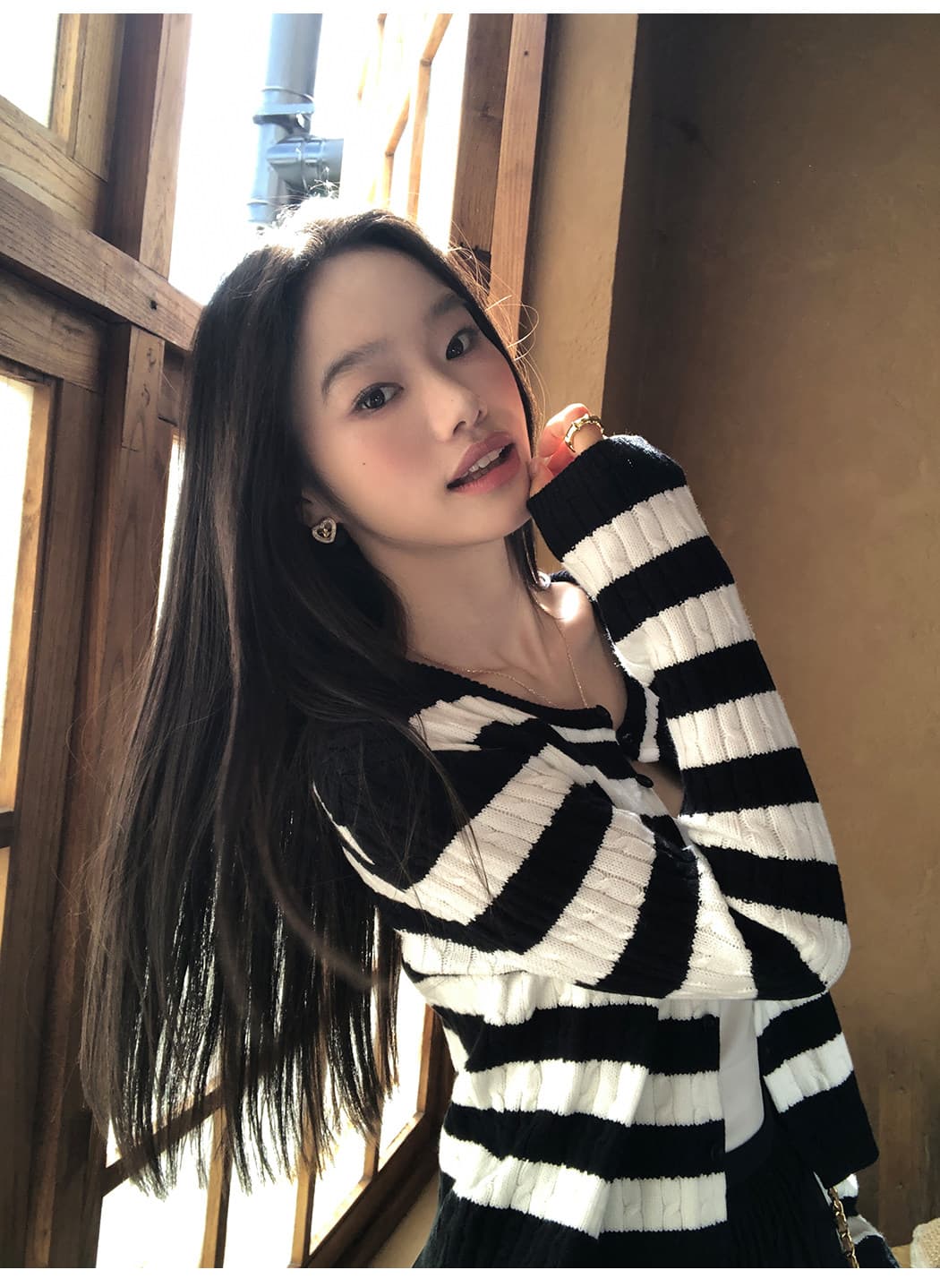 아메리칸 느슨함 레트로 스트라이프 꽈배기 니트 오픈 가디건 여성 인사이드 가져 가라. 외출용 느긋한 긴팔 맨위 상세 이미지 18