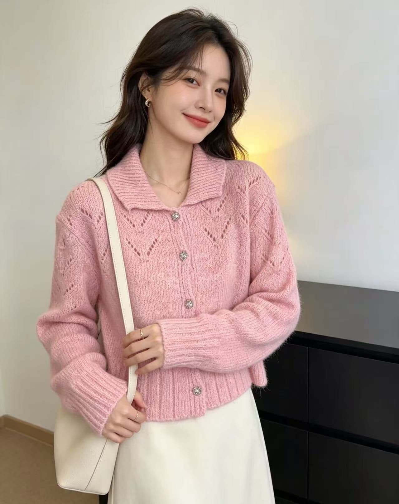 26 가을 겨울 새로운 부드러운 느긋한 바람 작은 정사각형 칼라 홀로우 아웃 니트 오픈 가디건 여성 패션 루즈핏 스웨터 코트 이미지 3