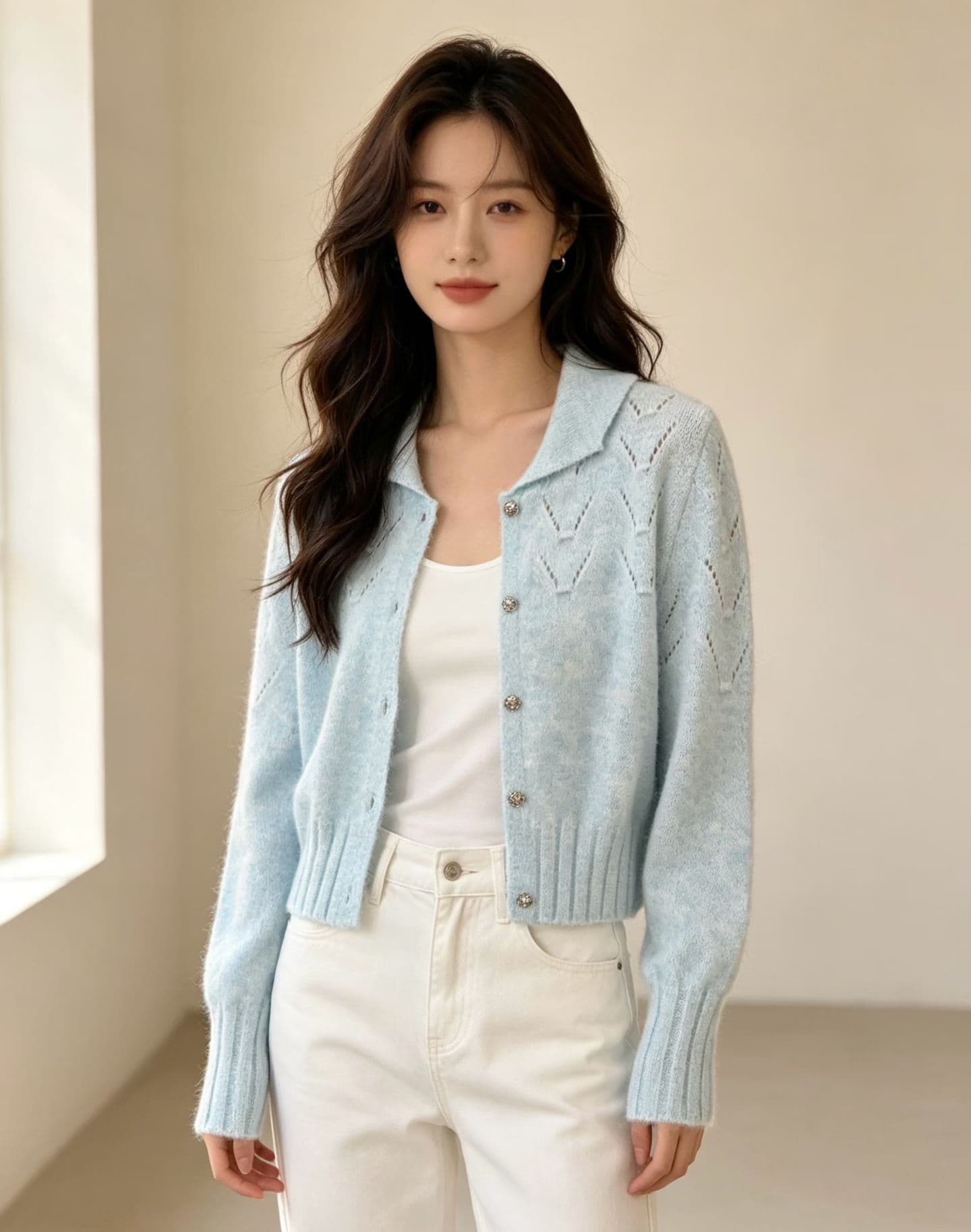 26 가을 겨울 새로운 부드러운 느긋한 바람 작은 정사각형 칼라 홀로우 아웃 니트 오픈 가디건 여성 패션 루즈핏 스웨터 코트 상세 이미지 2