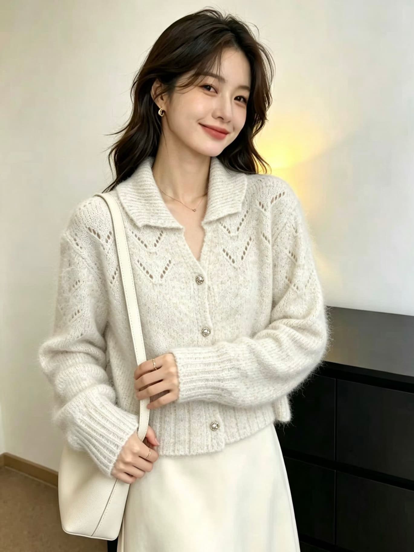 26 가을 겨울 새로운 부드러운 느긋한 바람 작은 정사각형 칼라 홀로우 아웃 니트 오픈 가디건 여성 패션 루즈핏 스웨터 코트 상세 이미지 3