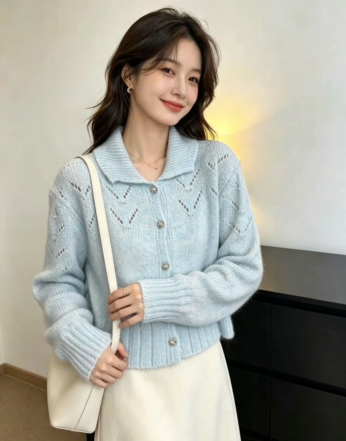 26 가을 겨울 새로운 부드러운 느긋한 바람 작은 정사각형 칼라 홀로우 아웃 니트 오픈 가디건 여성 패션 루즈핏 스웨터 코트 상세 이미지 5