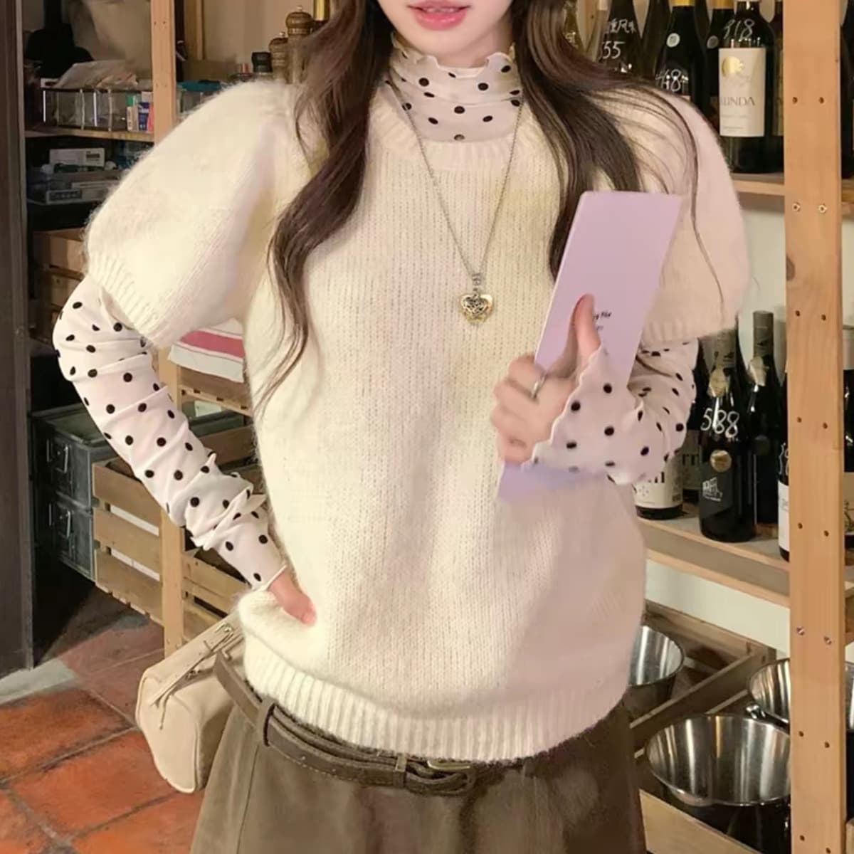 한국 보 주님 라운드 넥 양모 니트 스웨터 여성 가을 작은 대중 스택 착용 반팔 모직물 도트 무늬 기본 셔츠 2개