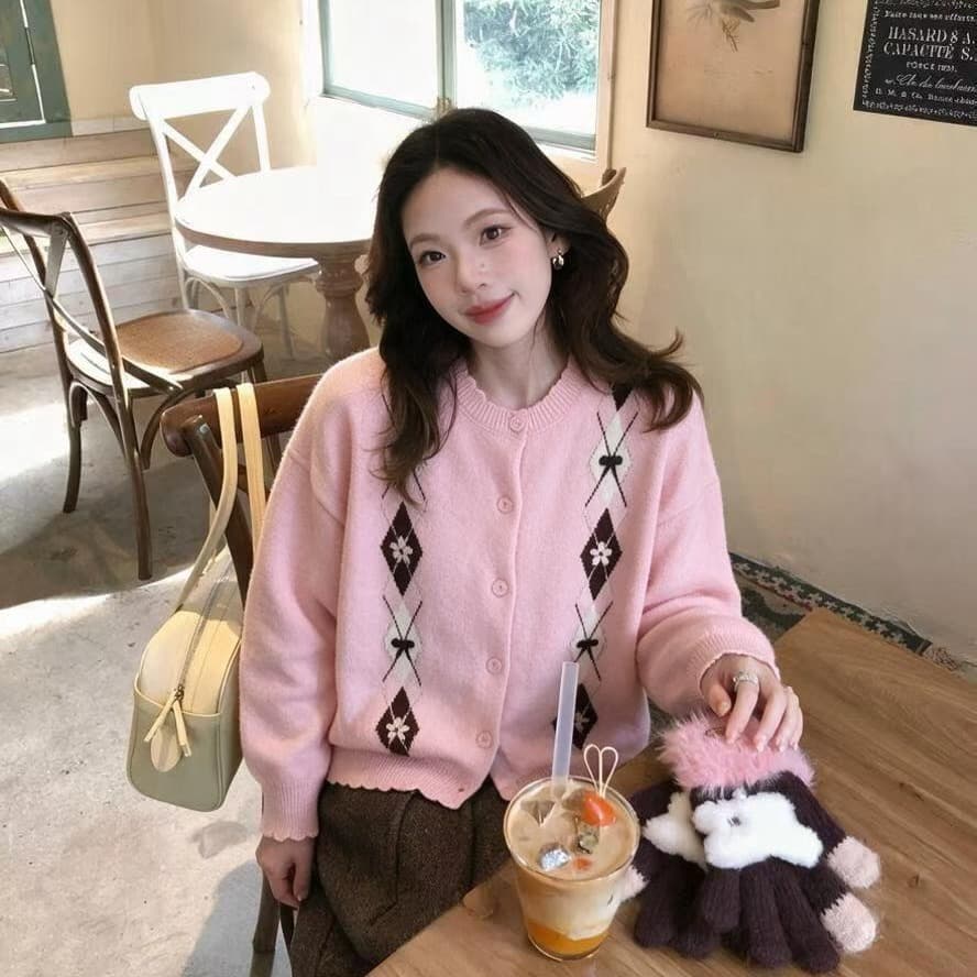 한국 ins 바람 링 그리드 자카드 니트 오픈 가디건 여성 부드러운 찹쌀 분위기 센스 레이스 스웨터 코트 이미지 2