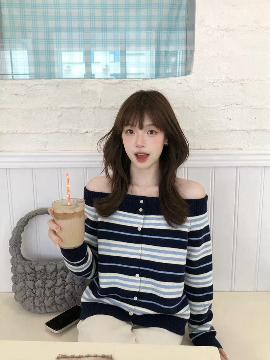 한국 chic 오프숄더 스트라이프 니트 오픈 가디건 여성 레트로 배색 오프숄더 스웨터 맨위 상세 이미지 1