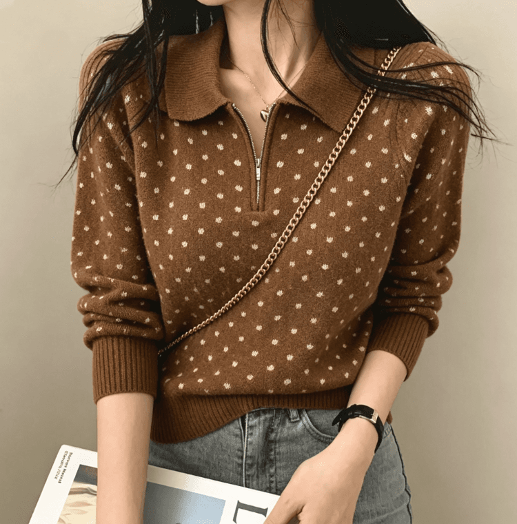 실사 한국 ins 작은 도트 무늬 하프 지퍼 POLO 칼라 스웨터 여자 니트 스웨터 출퇴근 맨위 이미지 2