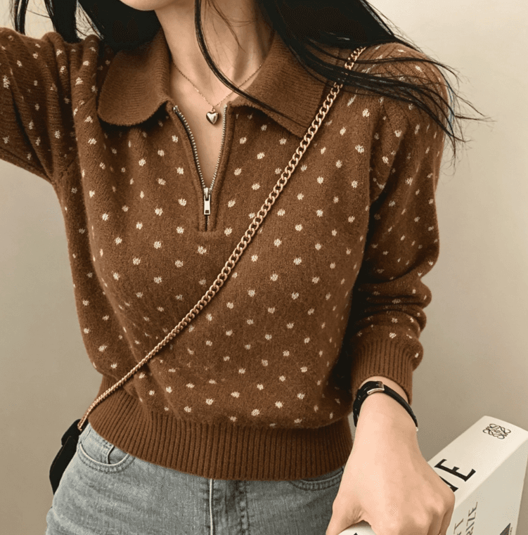 실사 한국 ins 작은 도트 무늬 하프 지퍼 POLO 칼라 스웨터 여자 니트 스웨터 출퇴근 맨위 상세 이미지 9
