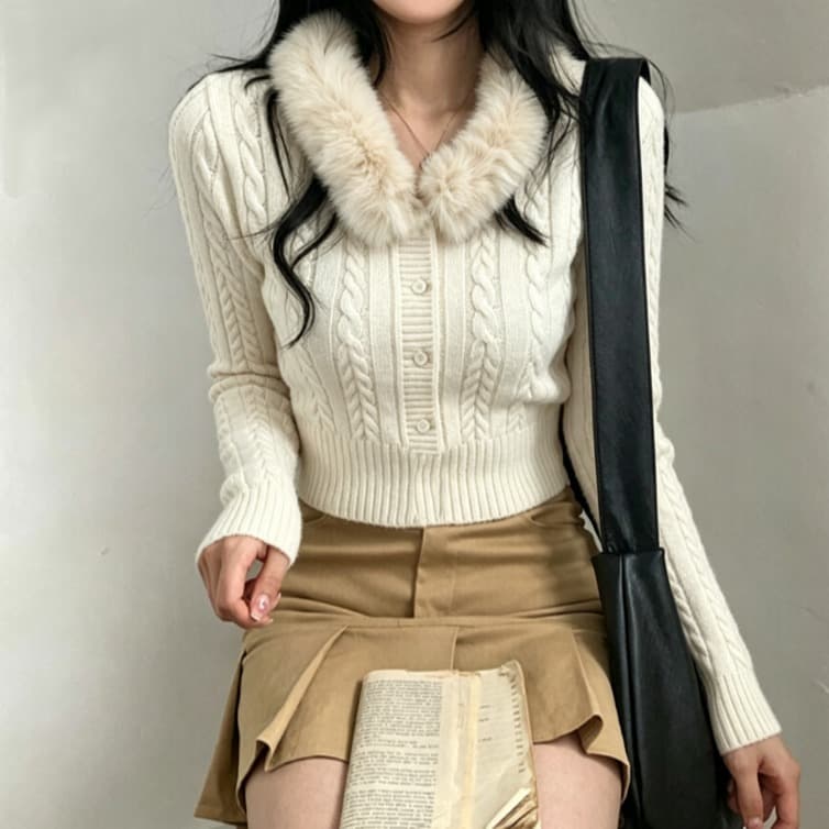 실사 한국 드라마 여성 주님 플리스 칼라 스웨터 여자 레트로 꽈배기 질감 반 개방 버클 니트 맨위 이미지 2