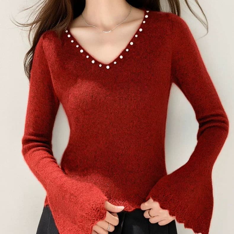 고급 센스 품격 V넥 비즈 박기 나팔 소매 스웨터 기본 셔츠 여성 가을 몸매 가꾸기 미니멀리즘 니트 맨위 이미지 3