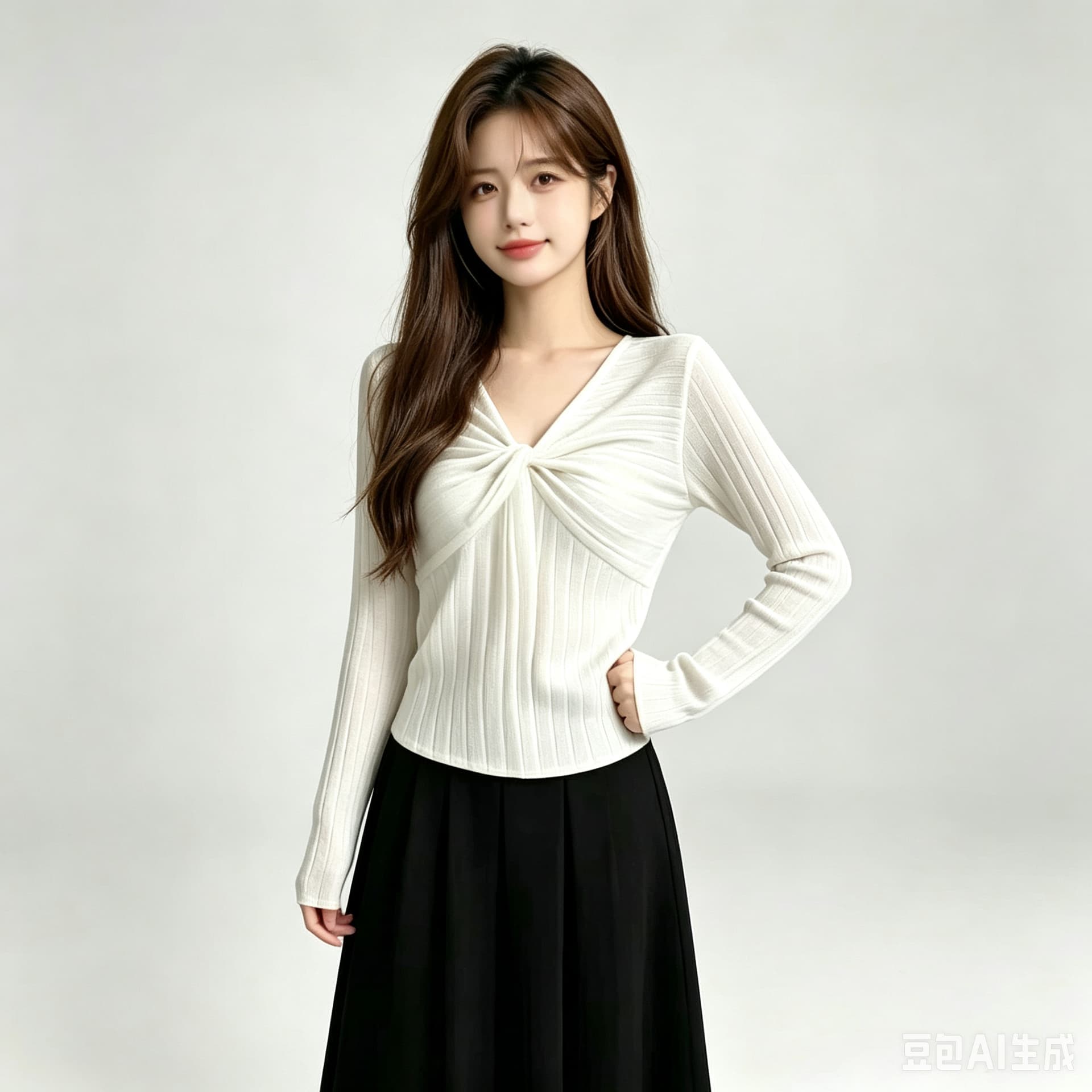 한국 스타일 십자가 비틀림 V넥 긴팔 기본 셔츠 구덩이 기사 질감 부드러운 찹쌀 프로 피부 출퇴근 인사이드 잡아라. 의류 상세 이미지 1