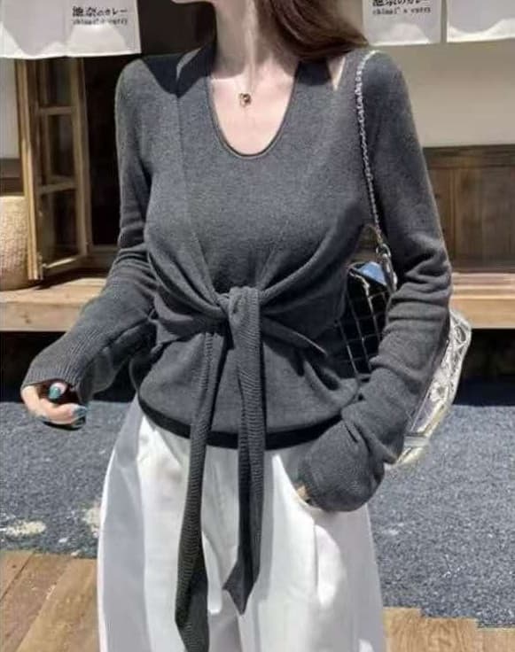 한국 스타일 chic 행침 목 페이크 레이어드 니트 맨위 슬림해 보이는 한 부서 인사이드 가져 가라. 기본 셔츠 상세 이미지 1