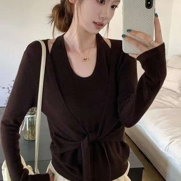 한국 스타일 chic 행침 목 페이크 레이어드 니트 맨위 슬림해 보이는 한 부서 인사이드 가져 가라. 기본 셔츠 상세 이미지 4