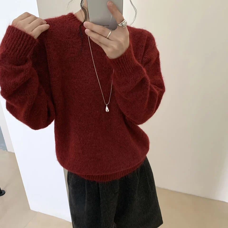 한 부서 단색 라운드 넥 풀오버 스웨터 여자 가을 겨울철 새로운 느긋한 부드러운 찹쌀 루즈핏 니트 스웨터 고급 센스 맨위 이미지 5