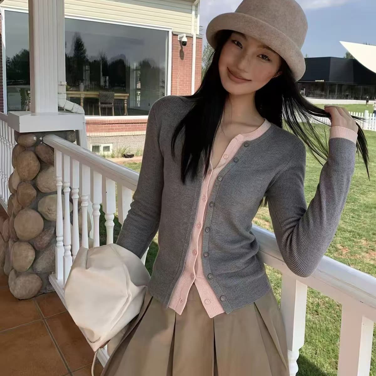 im ~까지 세련된 스택 음악 한 부서 계층의 감각 몸매 가꾸기 맨위 여성 페이크 레이어드 패치워크 색상 양모 니트 오픈 가디건 이미지 5
